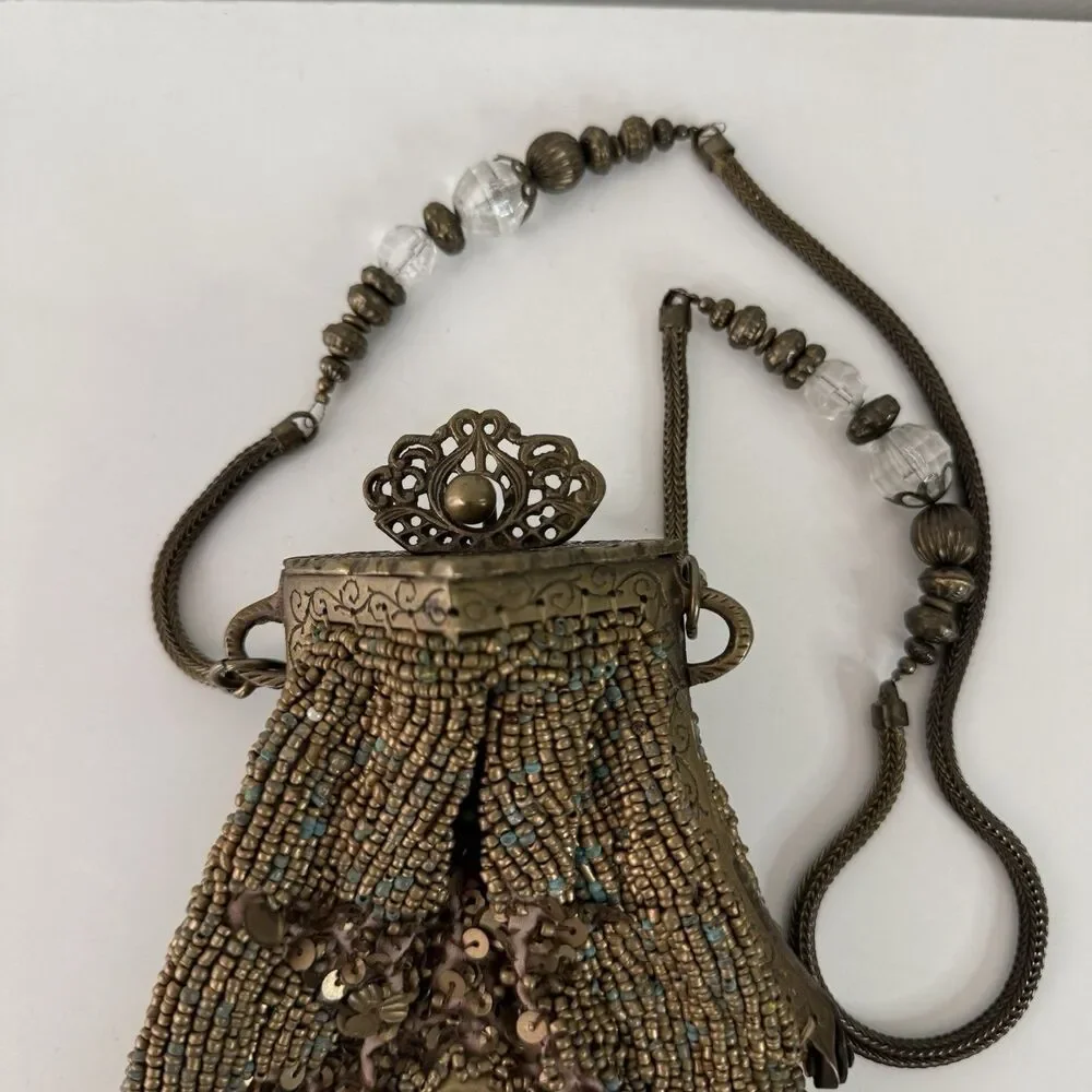 Antique 1920s Glass Beaded Victorian Flapper Purse Ornate Metal Frame W/ Mirror